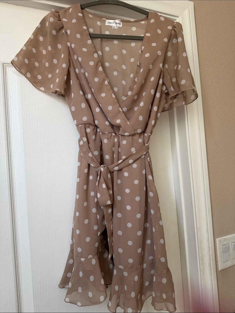 Emerald Sundae Beige Polka Dot Mini Wrap Dress